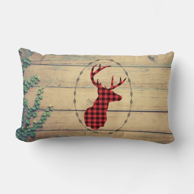 Hjort med Antlers på Wood Planks med Löv Lumbarkudde (Framsida)
