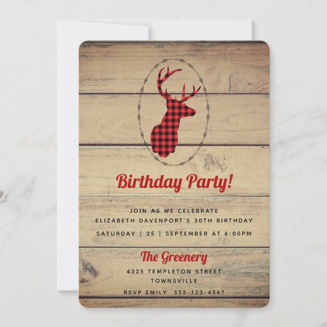 Hjort med Antlers - Red Play Rustic Birthday Inbjudningar (Framsida)