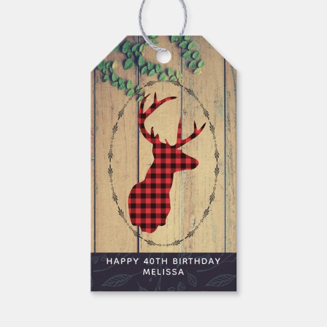 Hjort med Antlers - Red Play Rustic Birthday Presentetikett (Framsidan)