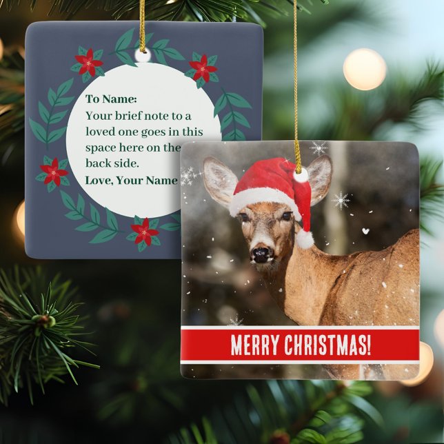 Hjort med julhögen i Snö Julgransprydnad Keramik (A sweet deer square ceramic ornament with custom text on the front and back is personal and unique.)