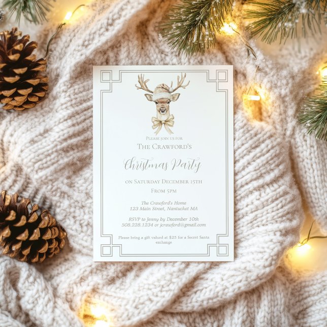 Hjort med jultomten Hat Rustic Land Inbjudningar (Deer with Santa Hat Country Christmas Invitation)