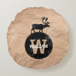 Hjort Monogram Distress Rustic Brown Kraft Papper Rund Kudde