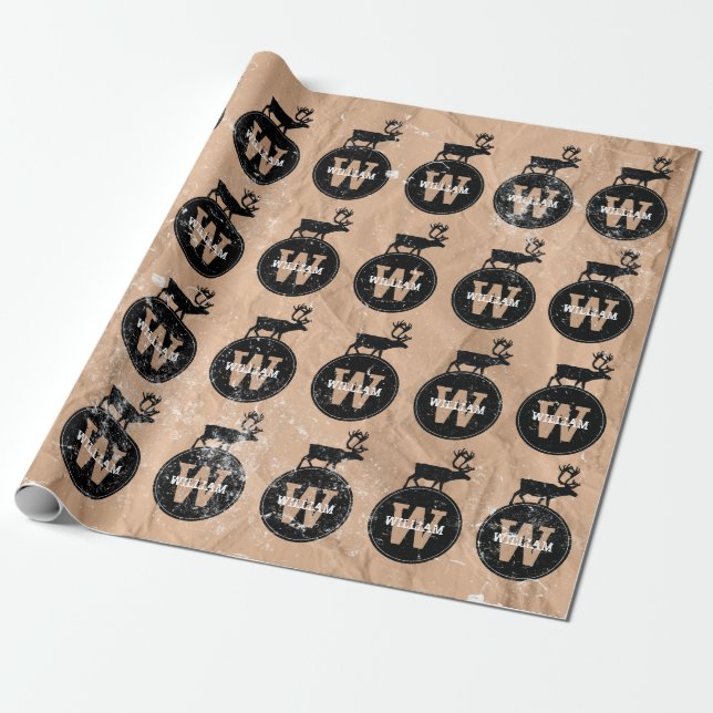 Hjort Monogram Distress Rustic Brown Kraft Presentpapper (Utrullad)