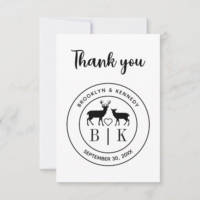 Hjort Monogram Rustic Landsbyggsbröllop par Namn Tack Kort (Framsida)