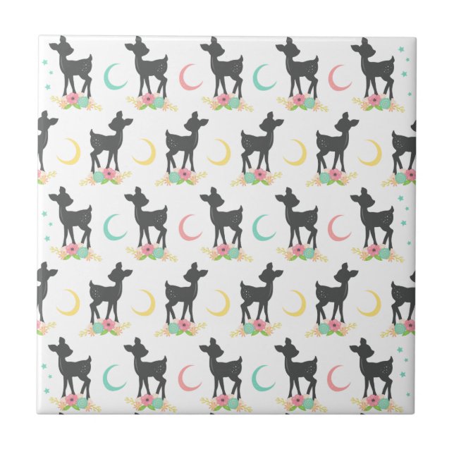 Hjort Mönster, Baby Hjort, Boho, Flowers, Måne Kakelplatta (Framsidan)