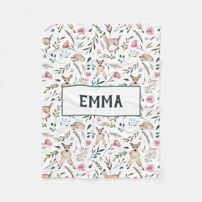 Hjort och blommor personailzed bebisfilt fleecefilt (Framsidan)