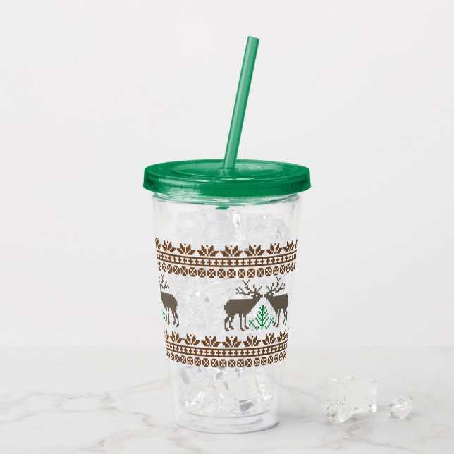 Hjort och julgran Litauisk folkkonst mönster Take Away Mugg (Baksida Ice)