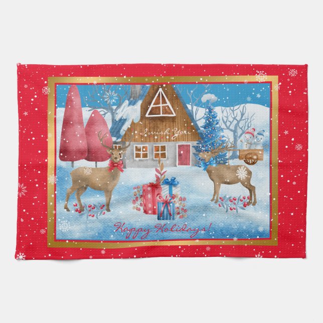 Hjort och presenter på Helgdag kvällsanpassning Kökshandduk (Horisontell)