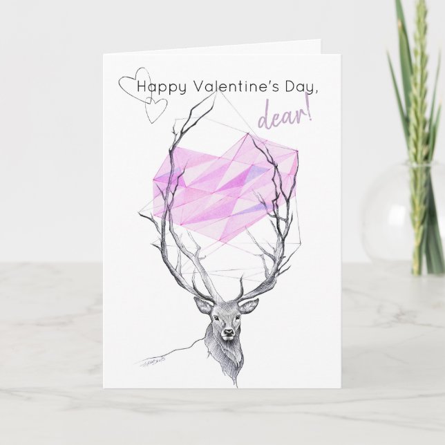 Hjort och rosa - geometriskt Valentines day Helgkort (Framsida)