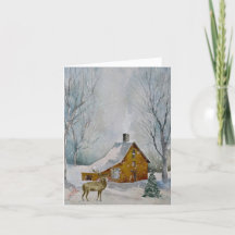 Hjort och Rustic Cabin i Snowy Forest