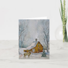 Hjort och Rustic Cabin i Snowy Forest Helgkort