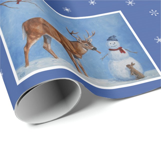 Hjort och Snögubbe, Snöflingor Presentpapper (Rullad Hörn)