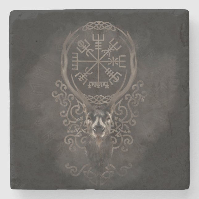 Hjort och Vegvisir - Viking navigeringkompass Stenunderlägg (Framsidan)