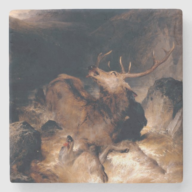 Hjort och vinthundar i en bergsström stenunderlägg (Framsidan)