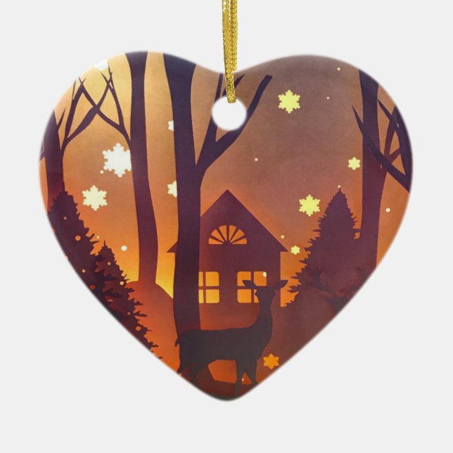 Hjort på vinternattscen för trä julgransprydnad keramik (Framsidan)