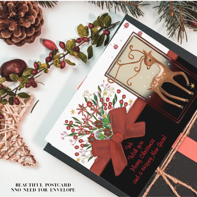 Hjort Red Bow Black White Helg Vykort (Deer Red Bow Black White Holiday Postcard)