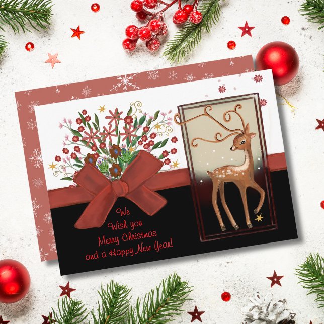 Hjort Red Bow Black White Julkort (Deer Red Bow Black White Holiday Card)