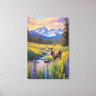 Hjort Rocky Mountain Meadow Wildblommor Painting Canvastryck