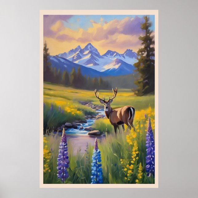 Hjort Rocky Mountain Meadow Wildblommor Painting Poster (Framsidan)