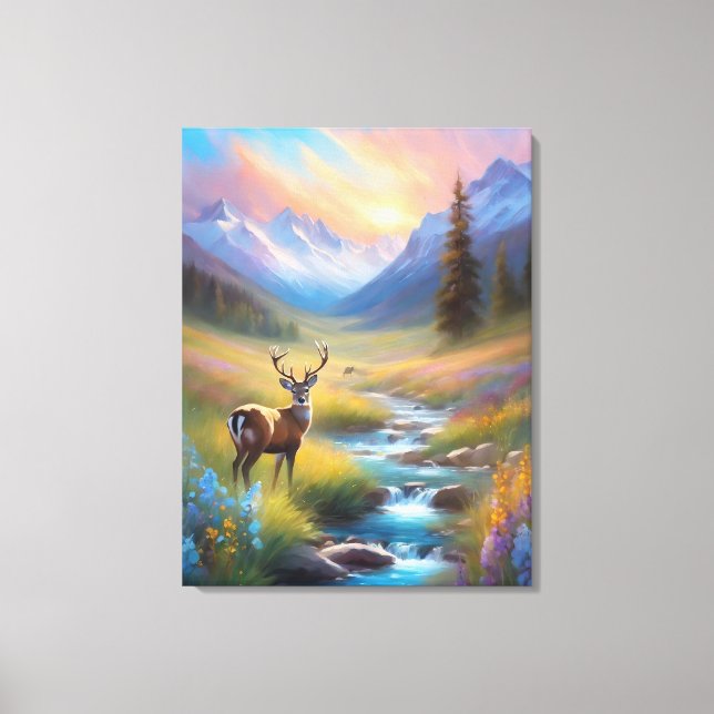 Hjort Rocky Mountain Vår Meadow Sunrise Painting P Canvastryck (Framsida)