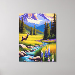 Hjort Rocky Mountain Vår Meadow Sunshine Lupins Canvastryck
