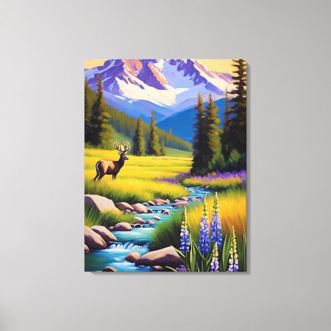 Hjort Rocky Mountain Vår Meadow Sunshine Lupins Canvastryck (Framsida)