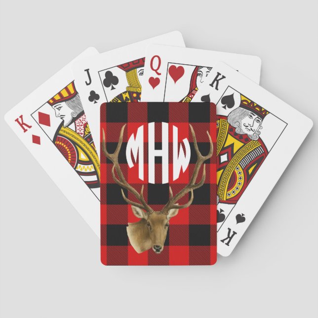 Hjort Röd Svart Vit Cirkel Monogram Buffalo Rutig Casinokort (Baksidan)