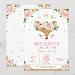 Hjort Rosa Blommigt Woodland Animals Födelsedagsfe Inbjudningar