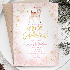 Hjort  Rosa Winter Onederland Födelsedag Inbjudningar