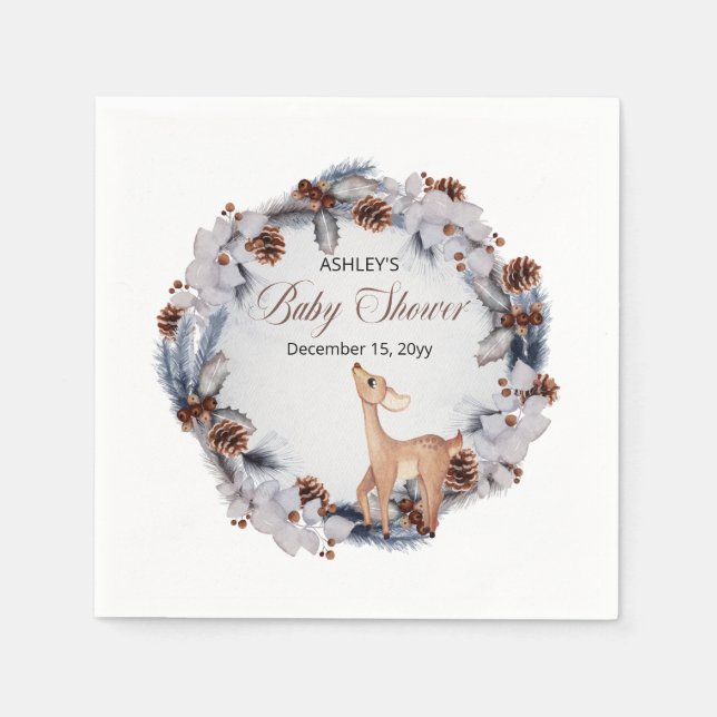 Hjort Rustic Winter Blommigt Baby Shower Pappersservett (Framsidan)