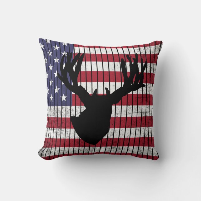 Hjort Silhouette över American Flagga Hunting Kudde (Framsida)