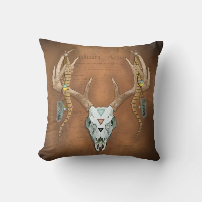 Hjort Skull Antlers Vintage Native American Kudde (Framsida)