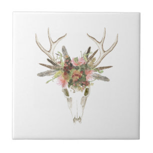 Hjort Skull & blommor Kakelplatta