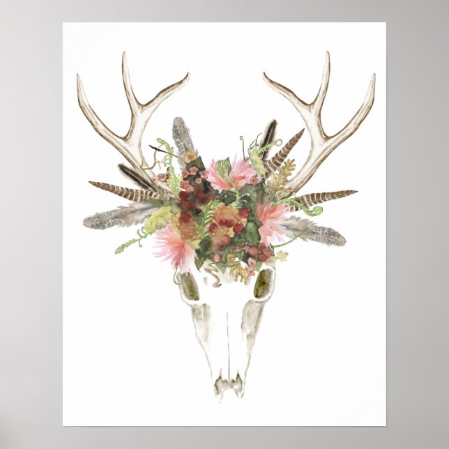 Hjort Skull & blommor Poster (Framsidan)