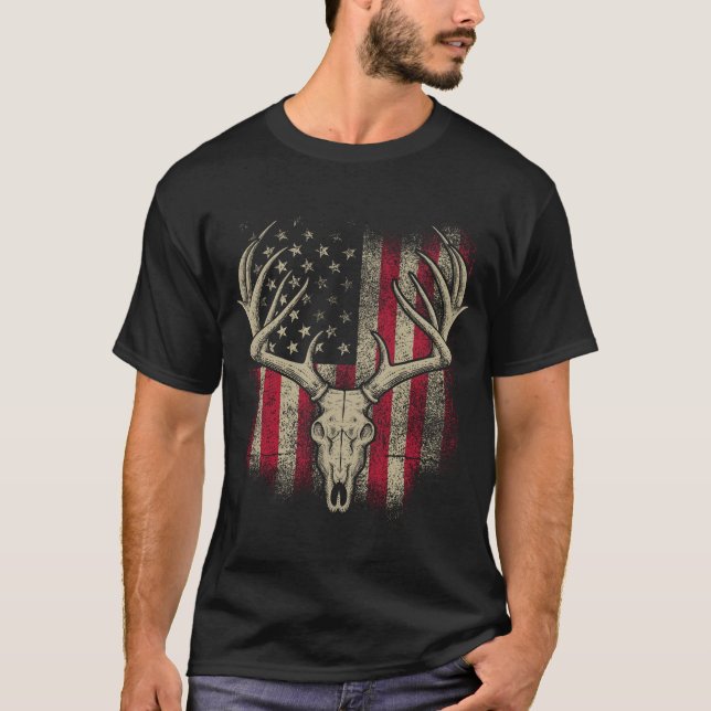 Hjort Skull Hunter American Flagga Hjort Hunting U T Shirt (Framsida)