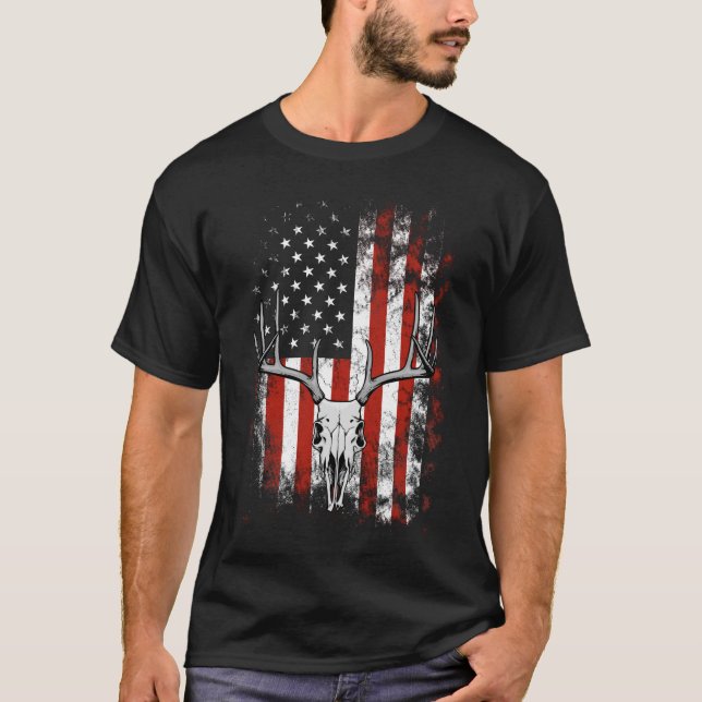 Hjort Skull med Antlers och American Flagga T Shir Shirt (Framsida)