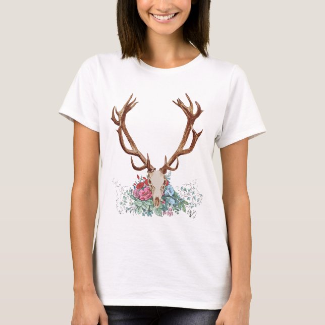 Hjort Skull med blommor 2 T Shirt (Framsida)