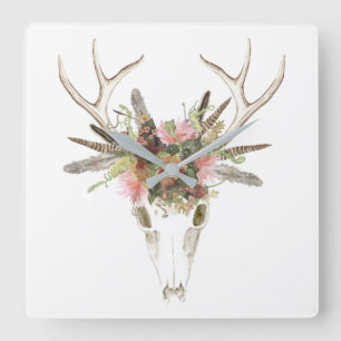 Hjort Skull och blommor Fyrkantig Klocka
