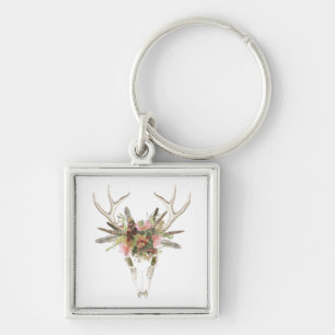 Hjort Skull och blommor Fyrkantig Silverfärgad Nyckelring