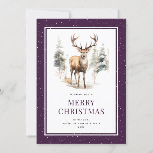 Hjort Stag Watercolor Lila Snowy God jul Julkort