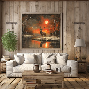 Hjort Sunset River Winter Forest Poster