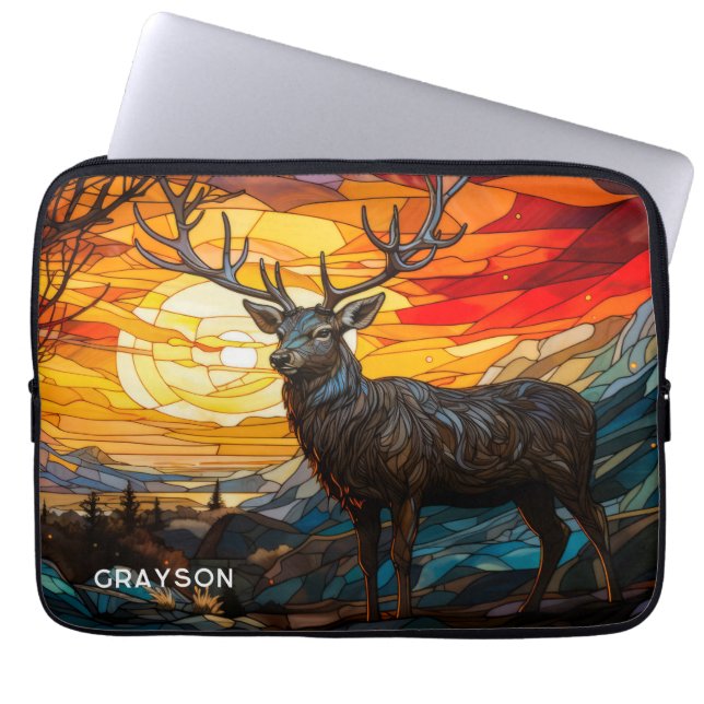 Hjort Sunset Woodland Mountain Personlig Namn Laptop Fodral (Framsidan)