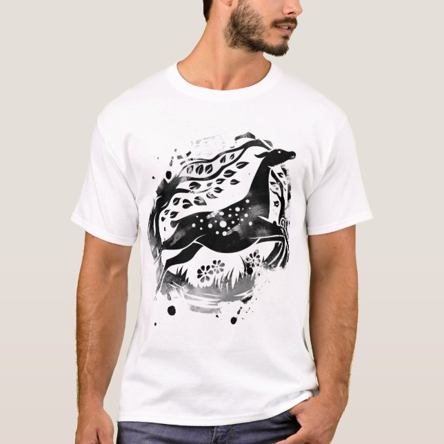 Hjort svart ritning t shirt (Framsida)