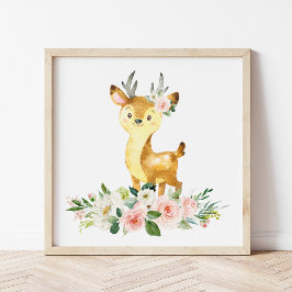 Hjort, trädjur, Boho, Rosa Flowers Poster