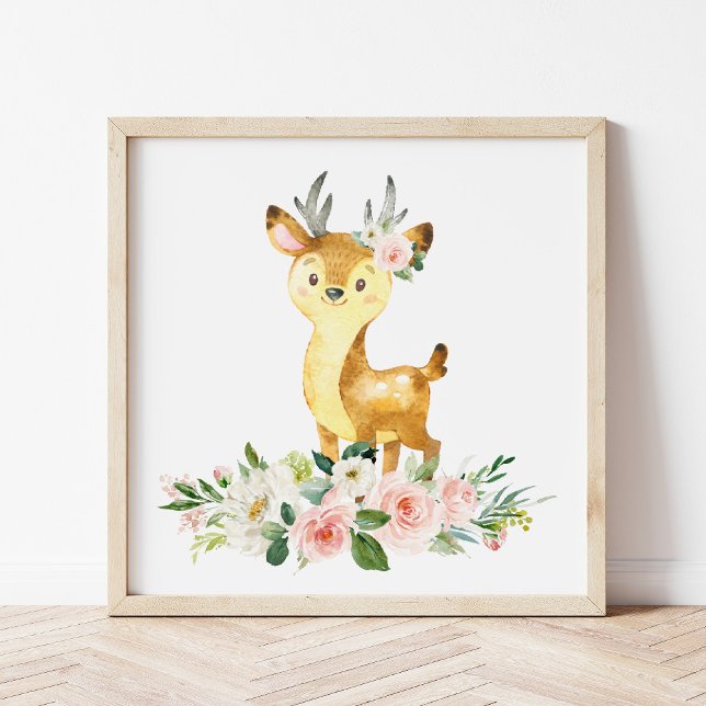 Hjort, trädjur, Boho, Rosa Flowers Poster (Skapare uppladdad)
