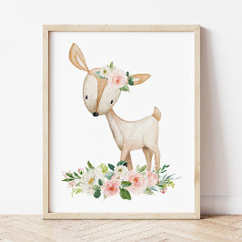 Hjort, trädjur, Boho, Rosa Flowers Poster