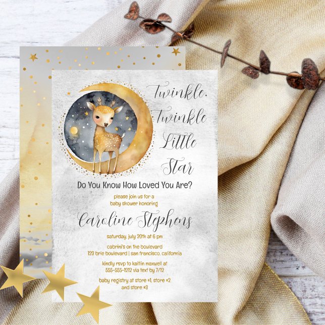 Hjort Twinkle Twinkle Little Star Baby Shower Inbjudningar (Sweet baby deer gender neutral "Twinkle, Twinkle Little Star" Baby Shower design.)