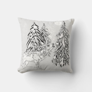 Hjort, vinter, skog, Julgranar, monokrom Kudde