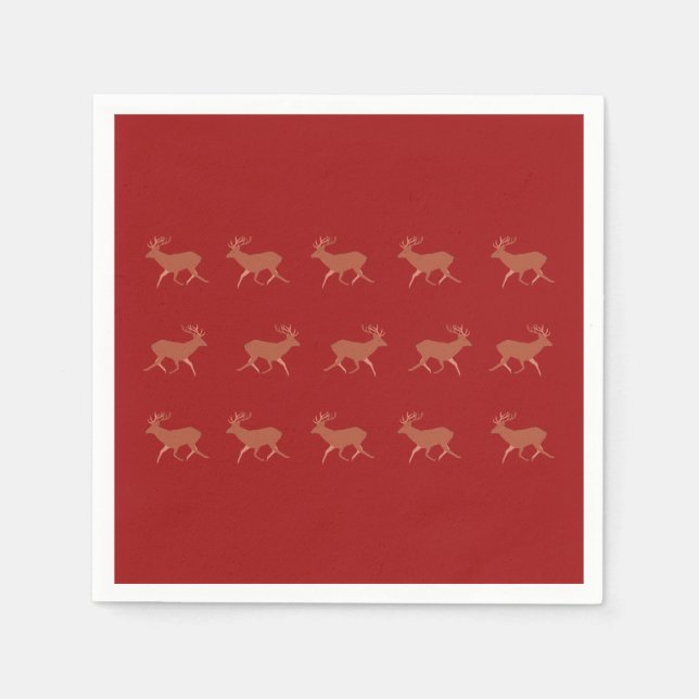 Hjort Walking Festive Mönster Red Brown Background Pappersservett (Framsidan)
