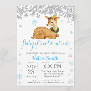 Hjort Winter Blue Boy Baby Shower Snowflake Inbjudningar
